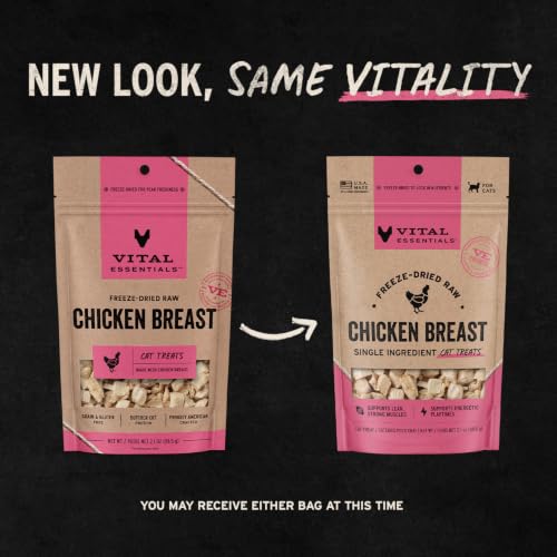 Vital Essentials Freeze Dried Cat Treats, Chicken Breast, 2.1 oz Bag | Single Ingredient, Premium Quality Protein, Grain-Free Healthy Treats, USA Made with U.S. & Globally Sourced Ingredients