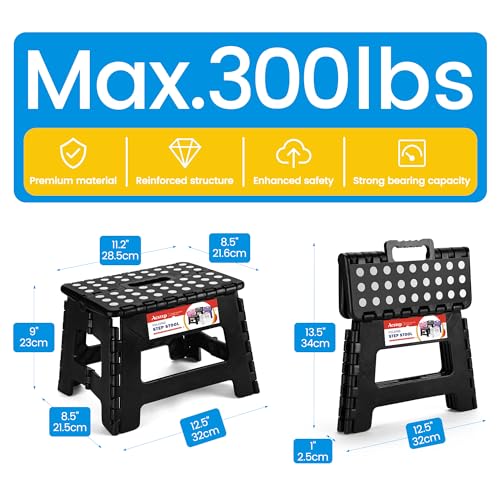 ACSTEP Folding Step Stool 9 Inch, Non-Slip Foldable Stools for Kids, Black | Heavy Duty Collapsible Foot Stool, Lightweight, Holds 300 lb for Toddler/Adults Kitchen Bathroom Bedroom Outdoor, with Handle