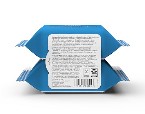 Amazon Basics Makeup Remover Wipes, Formulated without Fragrance and Alcohol-Free, Gentle Cleansing, Removes Waterproof Mascara, Dermatologist Tested, 25 Count, Pack of 2