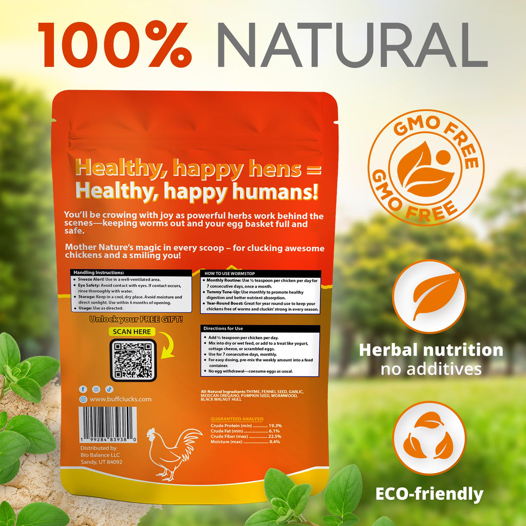 Buff Clucks WormStop Natural Chicken Dewormer Powder – All-Natural Herbal Blend for Daily Wellness - Chicken Wormer is Safe for Eggs & All Ages - Garlic, Pumpkin Seed, Wormwood - USA (8 oz)