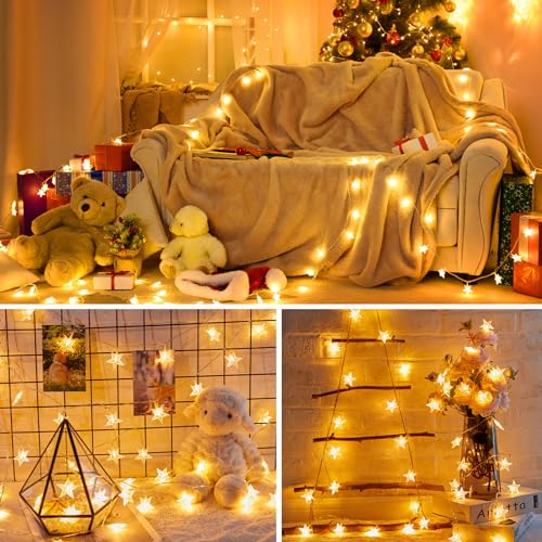 Minetom 50 LED Star String Lights, 17ft Fairy Lights Battery Operated | Star Lights with Timer, Waterproof for Indoor Outdoor Bedroom Tent Loft Bed Patio Party Wedding Christmas Decor, Warm White