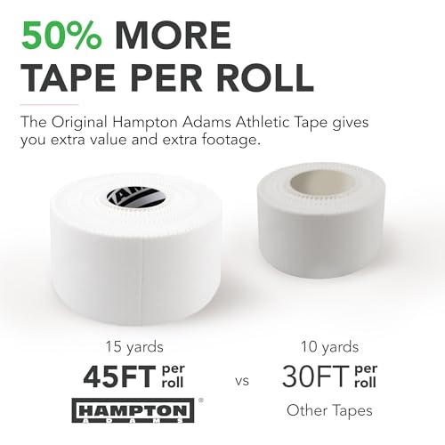 Hampton Adams Athletic Sports Tape, Very Strong, Easy Tear, No Residue | 1.5 inch Zinc oxide tape, 45 ft Rolls, 3 Pack, Strong Hold for Fingers Ankles & Wrists, Tears by Hand, No Sticky Residue