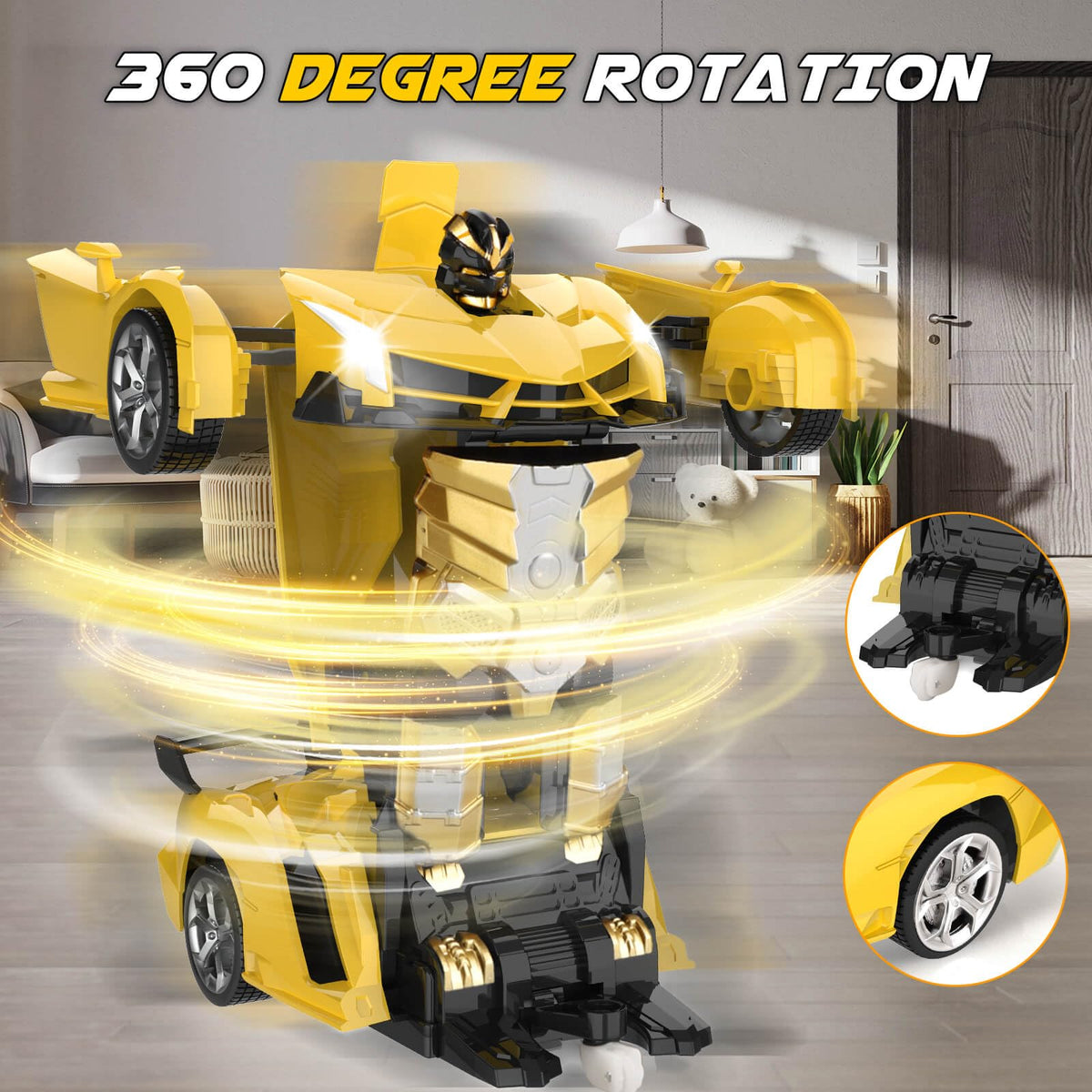 Britik Transform Remote Control Car Toys for Boys 4-6, Drift RC Car Yellow | Transform Cars, Gift for Boy Ages 4-12 Years Old, One-Button Transforming, 360° Rotation, 2.4GHZ 1:18 Scale, Robot Toy Car