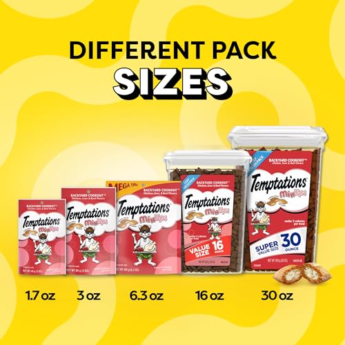 Temptations MixUps Crunchy and Soft Cat Treats, Cookout Flavor, 30 oz | Chicken, liver & beef flavors, under 2 calories per treat, 100% complete & balanced for adult cats, resealable stay-fresh tub