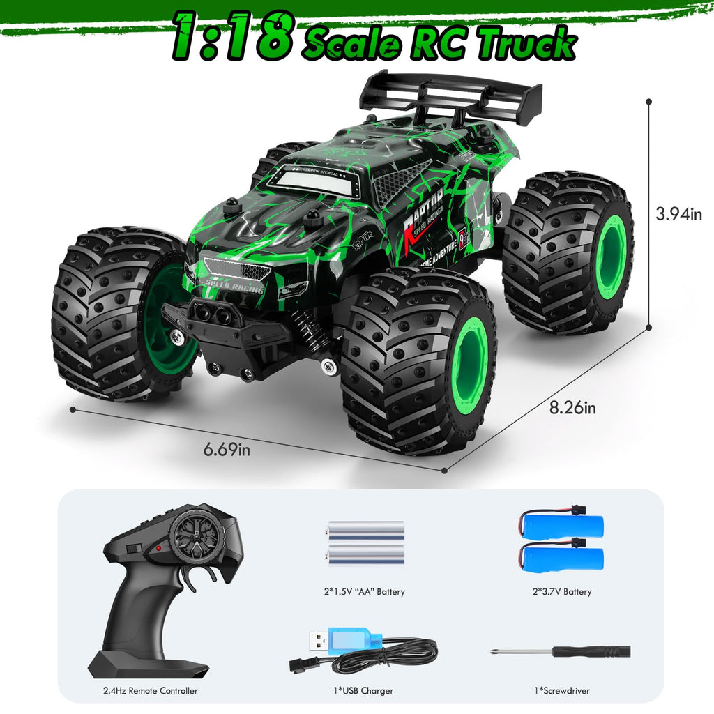 BIFYTON Remote Control Car, All-Terrain Rechargeable Rc Truck Boy Toys | Remote Control Truck with LED Light, 20KM/H, Sturdy PVC Shell, 2-Batteries, Toys for Boys 4-7 8-12 Beginner, Birthday Green