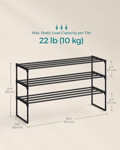 SONGMICS Shoe Rack, 3-Tier Shoe Organizer, Metal Storage Shelf | for Entryway, Upright or Upside Down, for 16-20 Pairs, Stackable, 11.8 x 36.2 x 21.7 Inches, Black ULSA303B02