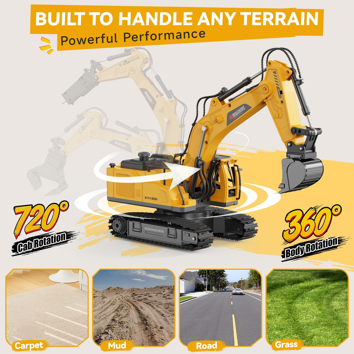 Noizka Remote Control Excavator Toy for Boys, 3-in-1 RC Excavator with Alloy Bucket, Breaker & Grapple, Construction Vehicle Toys with Lights & Sounds, 2×1200mAh Batteries, Birthday Gift for Kids 8-12