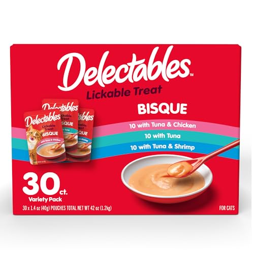 Delectables Lickable Treat Bisque Wet Cat Treat Variety Pack, Food Topper, Hydrating, Grain-Free, No Fillers, No By-Products, No Added Preservatives, 1.4oz Pouch, 30ct