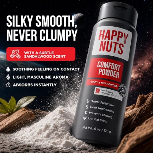 HAPPY NUTS Comfort Powder Deodorant For Men: Anti-Chafing, Sweat and Odor Control for Jock Itch, Aluminum-Free, 6 oz (1 Pack), Original Scent