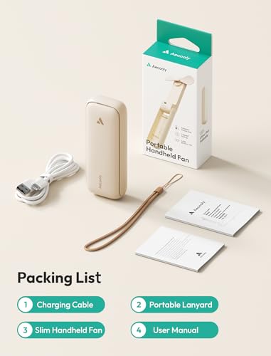 Aecooly Slim Portable Fan, Thin Handheld Fan, USB Rechargeable | Mini Personal [24H Max Cooling Time], Battery Powered Small Foldable Pocket for Travel, Summer, Gifts for Women, Girls -Beige