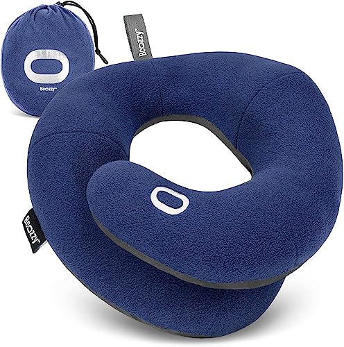 BCOZZY Travel Neck Pillow for Airplane, Head & Chin Support, Large Navy | Rest comfortably on flights and road trips. Arrive refreshed. Soft, adjustable, washable and lightweight, with a carry bag.