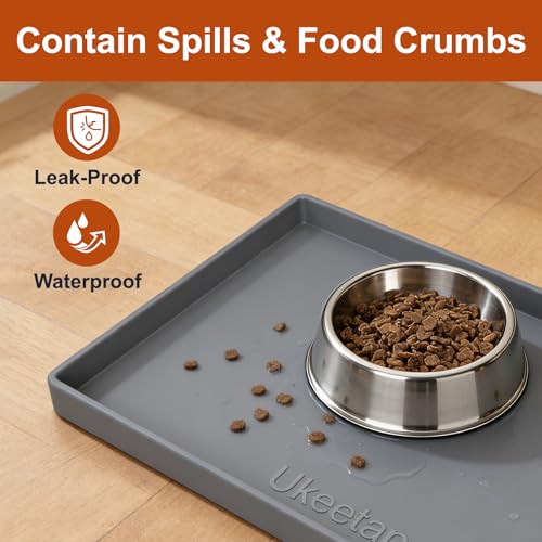 19" x 12" Extra Thick Silicone Mat Waterproof with Raised Edge, Gray | BPA-Free Non-Slip Multi-Purpose Mat for Dog & Cat Feeding, Under Sink Storage & Protection