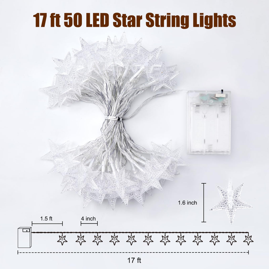 Minetom 50 LED Star String Lights, 17ft Fairy Lights Battery Operated | Star Lights with Timer, Waterproof for Indoor Outdoor Bedroom Tent Loft Bed Patio Party Wedding Christmas Decor, Warm White