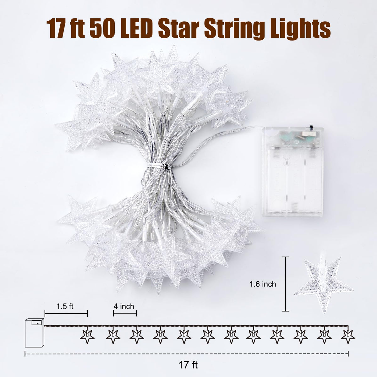 Minetom 50 LED Star String Lights, 17ft Fairy Lights Battery Operated | Star Lights with Timer, Waterproof for Indoor Outdoor Bedroom Tent Loft Bed Patio Party Wedding Christmas Decor, Warm White