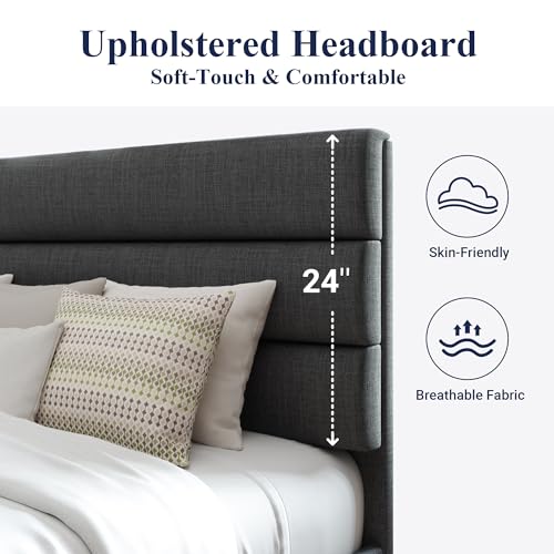 Allewie Queen Size Platform Bed Frame with Fabric Upholstered Headboard | Wooden Slats Support, Fully Upholstered Mattress Foundation, No Box Spring Needed, Easy Assembly, Noise-Free, Dark Grey