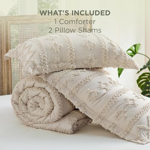 Bedsure Tufted Boho Comforter Set Queen, Bedroom Decor Bedding Set Beige | Soft Breathable Polyester,Fluffy Texture ,3 Pieces Gift For Girls Women,Marshmallow,All Seasons,Machine-washable,OEKO-TEX