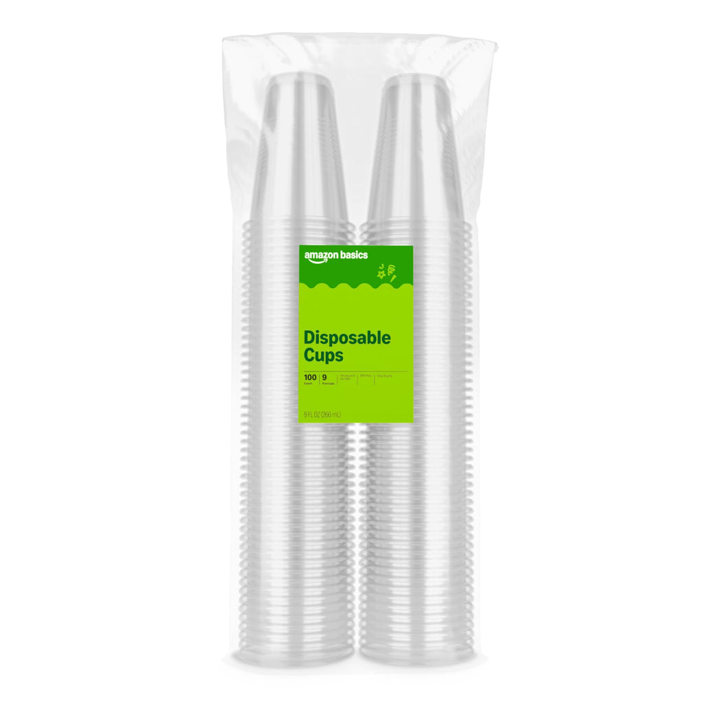 Amazon Basics Small Disposable Clear Plastic Cups, 9oz, 100 Count, Packaging May Vary
