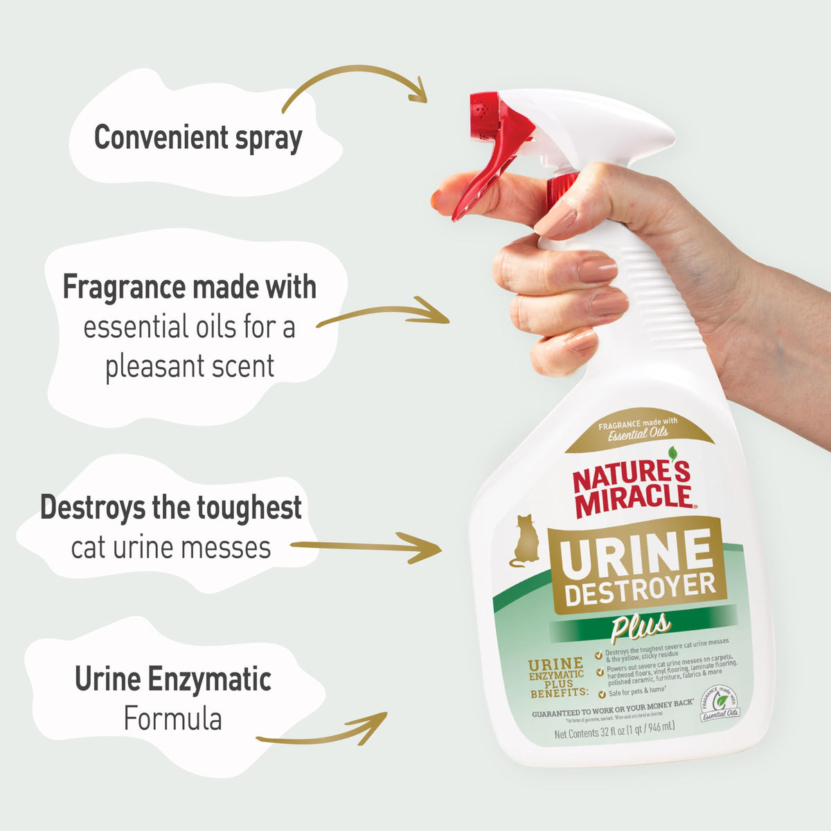 Nature's Miracle Cat Urine Destroyer Plus, Enzymatic Cleaner, 32 oz | Destroys the Toughest Cat Urine Stains, For Use on Multiple Surfaces, Safe For Pets and Home*, Fresh Scent