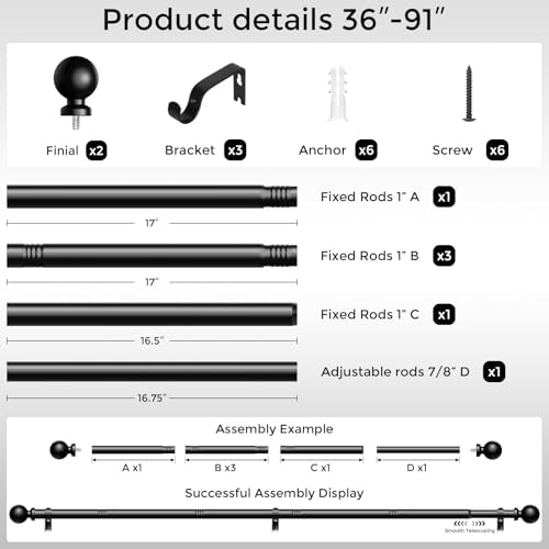 Wolistsa Curtain Rods 36-91 Inch, Black 1 Inch Adjustable Heavy Duty Curtain Rods for Windows, Decorative Modern Window Treatment Rod, Telescopic Splicing Metal Drapery Pole, Easy Installation
