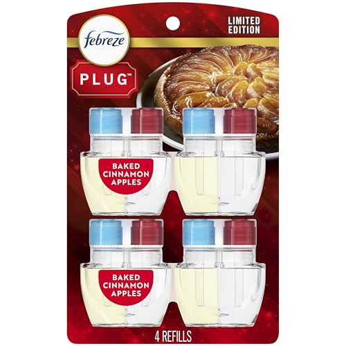 Febreze Plug-In Air Freshener, Odor-Fighting Scented Oil Refill for Home, Bathroom & Kitchen, Holiday Baked Cinnamon Apples Scent, 0.87 oz Refills, 4 Count