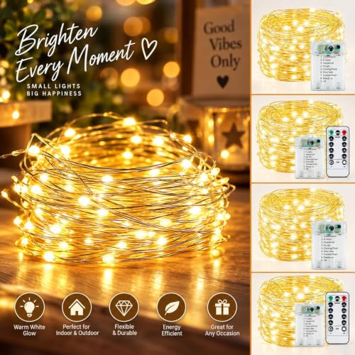 KAQ Fairy Lights Battery Operated with Remote, 4Pack 80FT 240LED Warm White | Timer & 8 Modes, Waterproof Wire, Memory, Cuttable Starry Twinkle String Lights for Bedroom Wedding Classroom Christmas Decor