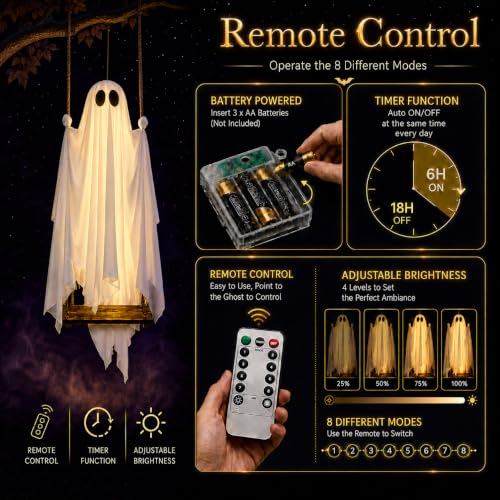 5FT Large Outdoor Halloween Decorations Swing Hanging Ghost for Porch, Yard | Ready to Hang Setup, Height-Adjustable Swing, Timer Remote Lights Strings, Draped Smooth Fabric, Porch Yard Lawn Tree Decor