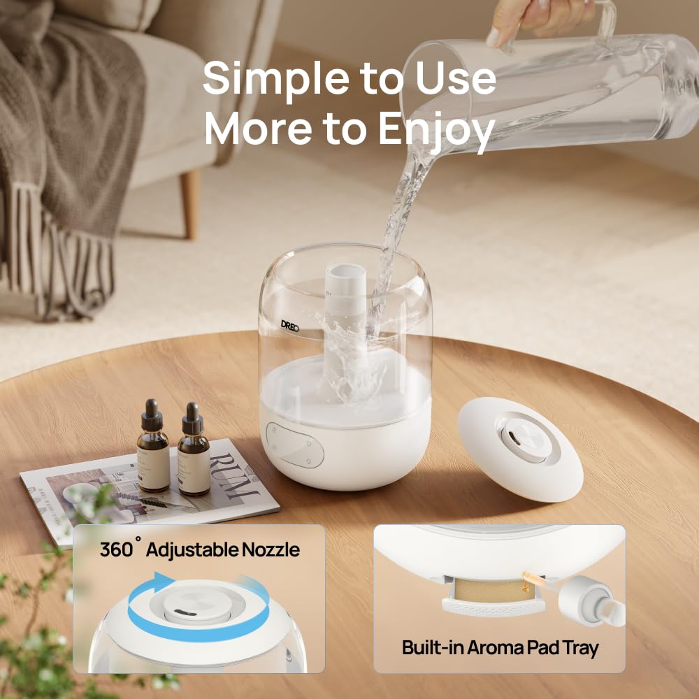DREO 3L Humidifiers for Bedroom, 30H Runtime, 26 dB Quiet, New Edition | Easy to Refill & Clean, Precise Humidity Control, Night light, Cool Mist Air Humidifier for Large Room, Baby Nursery