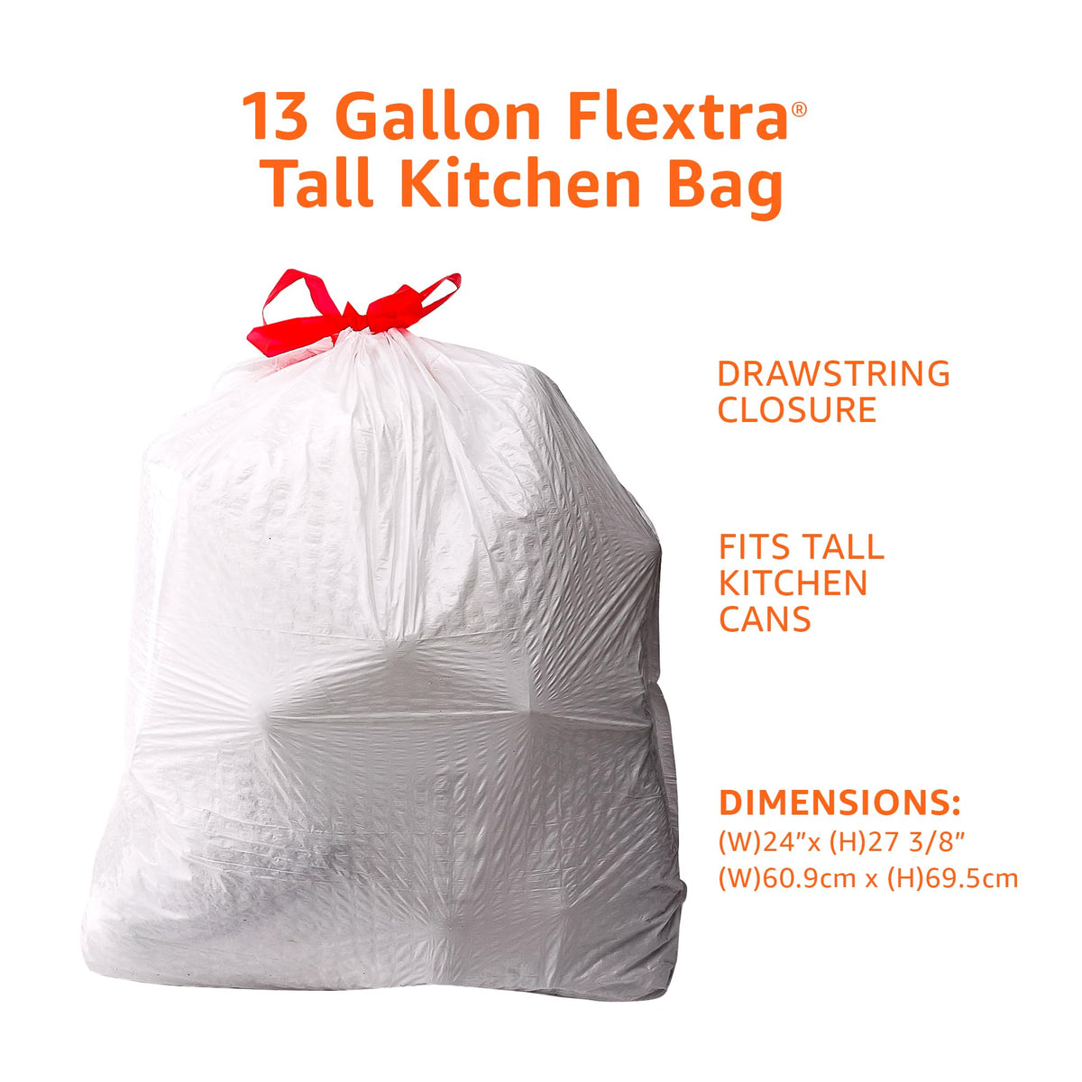 Amazon Basics 13 Gallon Flextra Strength Tall Kitchen Drawstring Trash Bags, Tear Resistant, 90 count