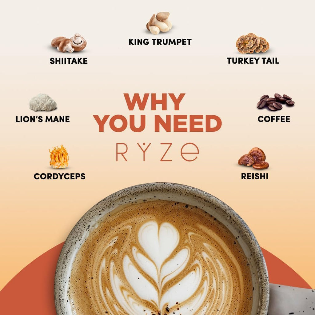 RYZE Organic Mushroom Coffee, Medium Roast, Adaptogenic Blend, 30 Servings | 6 Adaptogenic Mushrooms including Lion's Mane, Turkey Tail & Cordyceps, Made with Organic Coffee, Gluten Free, Vegan