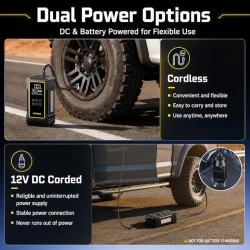 OlarHike 12000mAh Heavy Duty Tire Inflator Portable Air Compressor | Powerful, 7X Faster, 150PSI, Dual Power 12V&Cordless, For Car Tires, Pickup Trucks, Jeeps, SUVs & RVs, Digital Pressure Gauge