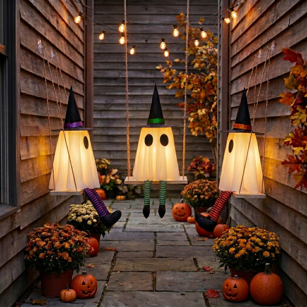 Halloween Swinging Ghost Outdoor Decor, Spooky Hanging Ghosts Decorations | Set of 3, Timer Function, Remote Control, Unique Ghost & Witch Fusion Design, Solid Wood, 29.5Inches Height