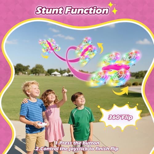 FUNPX Girls LED RC Drone, Christmas Birthday Gift for Girls Aged 6+ with Remote Batteries, 360° Flips, 3 Speed Modes, 45 Min Flight Indoor and Outdoor Flying Toy - Rose Red Yellow