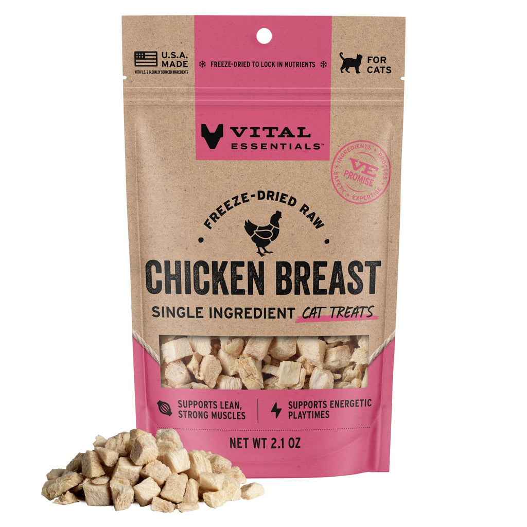 Vital Essentials Freeze Dried Cat Treats, Chicken Breast, 2.1 oz Bag | Single Ingredient, Premium Quality Protein, Grain-Free Healthy Treats, USA Made with U.S. & Globally Sourced Ingredients