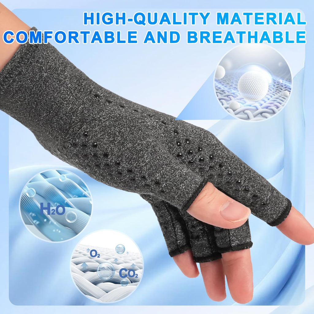 DRNAIETY 2-Pair Arthritis Compression Gloves for Hand Arthritis, Fingerless | for Carpal Tunnel Pain, RSI, Rheumatoid Arthritis | Anti-Slip, Breathable Gloves for Men & Women, Typing, Daily Use (M, Gray)