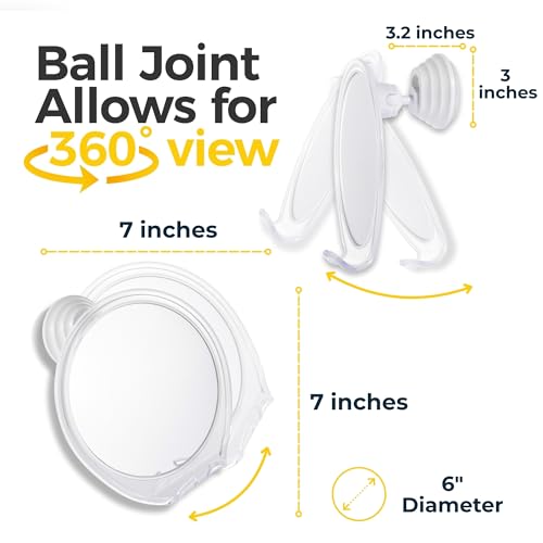 HONEYBULL Fogless Shower Mirror for Shaving with Suction Mount, White | Shatterproof Acrylic Bathroom Accessory With 360 Swivel & Built-in Razor Hook, Clear Reflection in Steam & No-Drill Setup