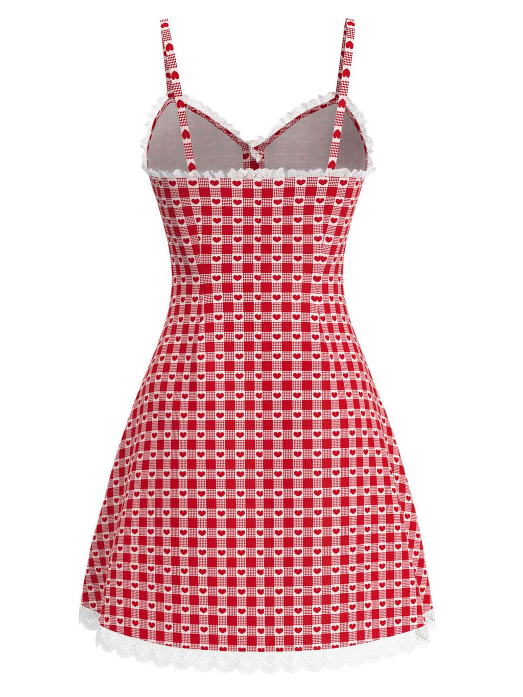 [Pre-Sale] Red 1960s Heart Cherry Plaid Lace Slip Dress