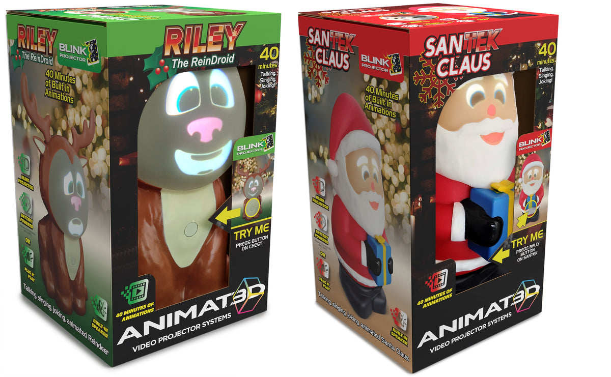 Set of 2 SanTek Claus and Riley The ReinDroid with Built in Projector & Speaker Seasonal Holiday Home Decor