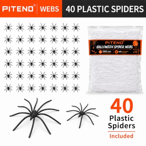 Piteno® 1200 sqft Spider Webs Halloween Decorations with 40 Fake Spiders, Stretchable Halloween Spider Webs for Indoor Outdoor Haunted House Yard Porch Party Decor (White)