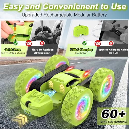 FDCTR Remote Control Car, Stunt RC Cars, 2.4GHz Double Sided 360° Flips RC Crawler, Outdoor Toys for Kids Ages 4-8, Upgraded USB-C Modular Battery, 5 6 7 8 9 10 +Year Old Boys Birthday Gifts Green
