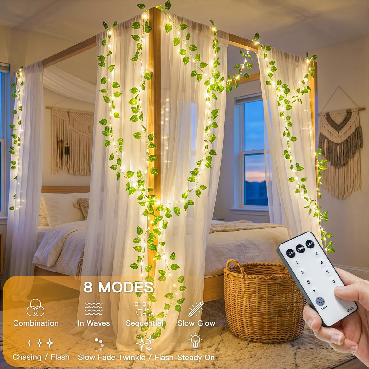 suddus 33FT 100LED Pothos Vine Fairy Lights Battery Operated Copper Wire | String Lights with Remote,Leaf Lights for Bedroom,Dorm,Wedding,Party, Garden,Wedding,Classroom Decor (Warm White)