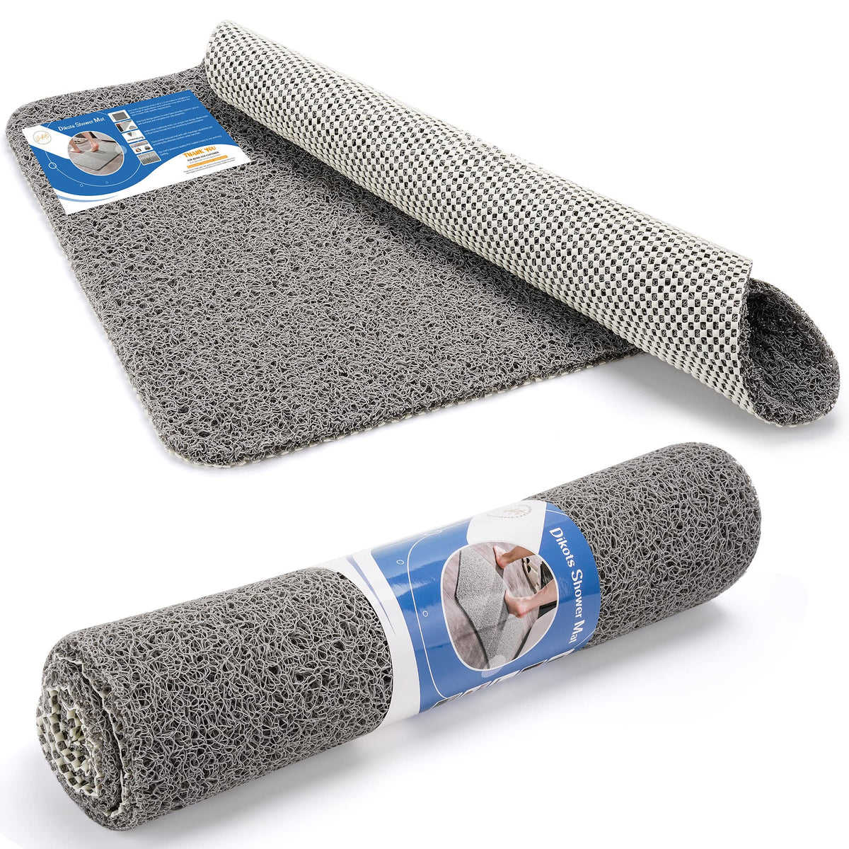 DIKOTS® Soft shower bath mat non slip anti mould 60 x 40 cm - Grey Loofah style PVC Non slip shower mat for inside shower - Washable and Quick Drying anti slip shower Mat suitable for all Wet Surfaces