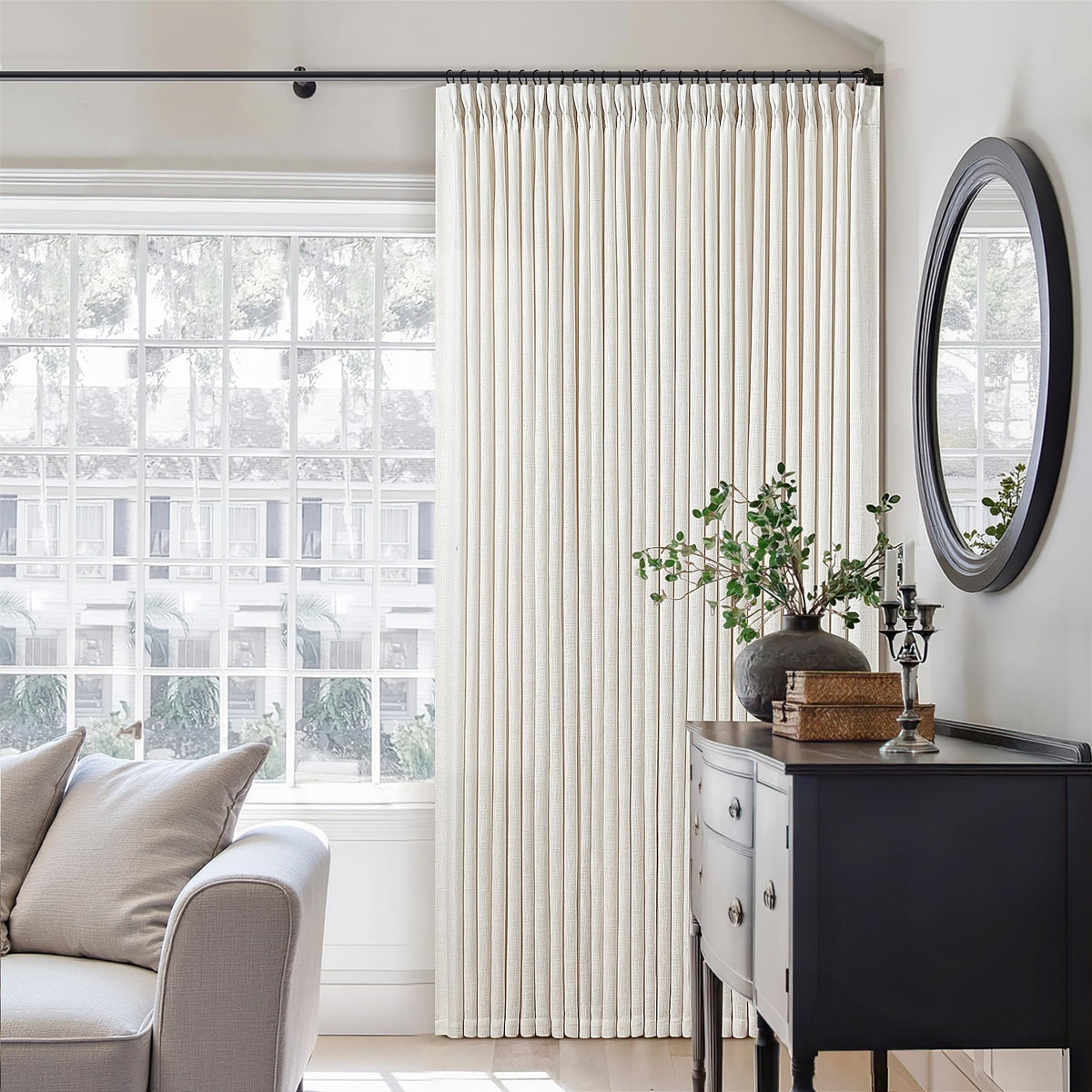 TWODRAPES Natural Pinch Pleated Linen Semi Sheer 84 Inch Curtains 2 Panels | Pinch Pleat Hooks Rings, Back Tab, Cream Ivory Birch, Boho Neutral, Textured Linen, Window Curtain for Living Room Bedroom