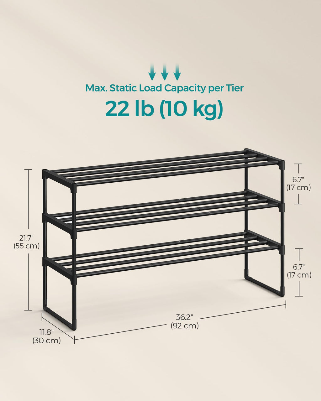 SONGMICS Shoe Rack, 3-Tier Shoe Organizer, Metal Storage Shelf | for Entryway, Upright or Upside Down, for 16-20 Pairs, Stackable, 11.8 x 36.2 x 21.7 Inches, Black ULSA303B02