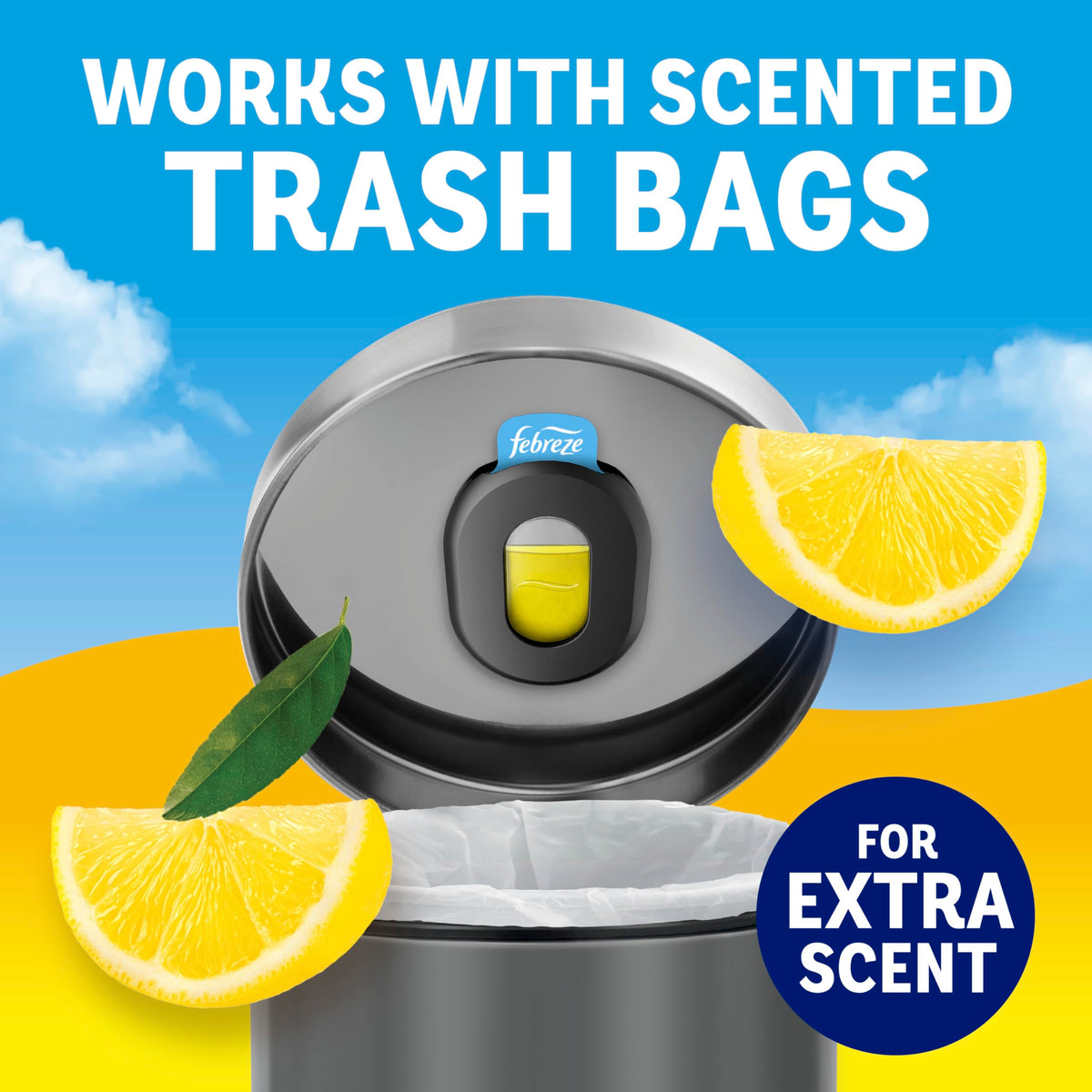 Febreze Odor Fighter, Can Air Freshener, Stick-On Deodorizer for Garbage Cans, Diaper Pails, Works with Scented Bags, Fresh Lemon and Linen & Sky Scents, 2 Holders + 2 Refills