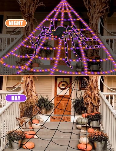 Spider Webs Halloween Decorations Lights - 550 LEDs Outdoor Giant Halloween Decor Lights with16.4ft,4ft Spider,8 Modes,Waterproof&Timer for Yard Porch Garden,Outside Party (with Spider)