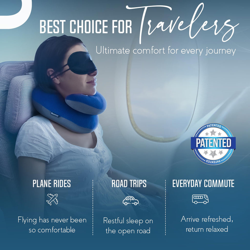 BCOZZY Travel Neck Pillow for Airplane, Head & Chin Support, Large Navy | Rest comfortably on flights and road trips. Arrive refreshed. Soft, adjustable, washable and lightweight, with a carry bag.