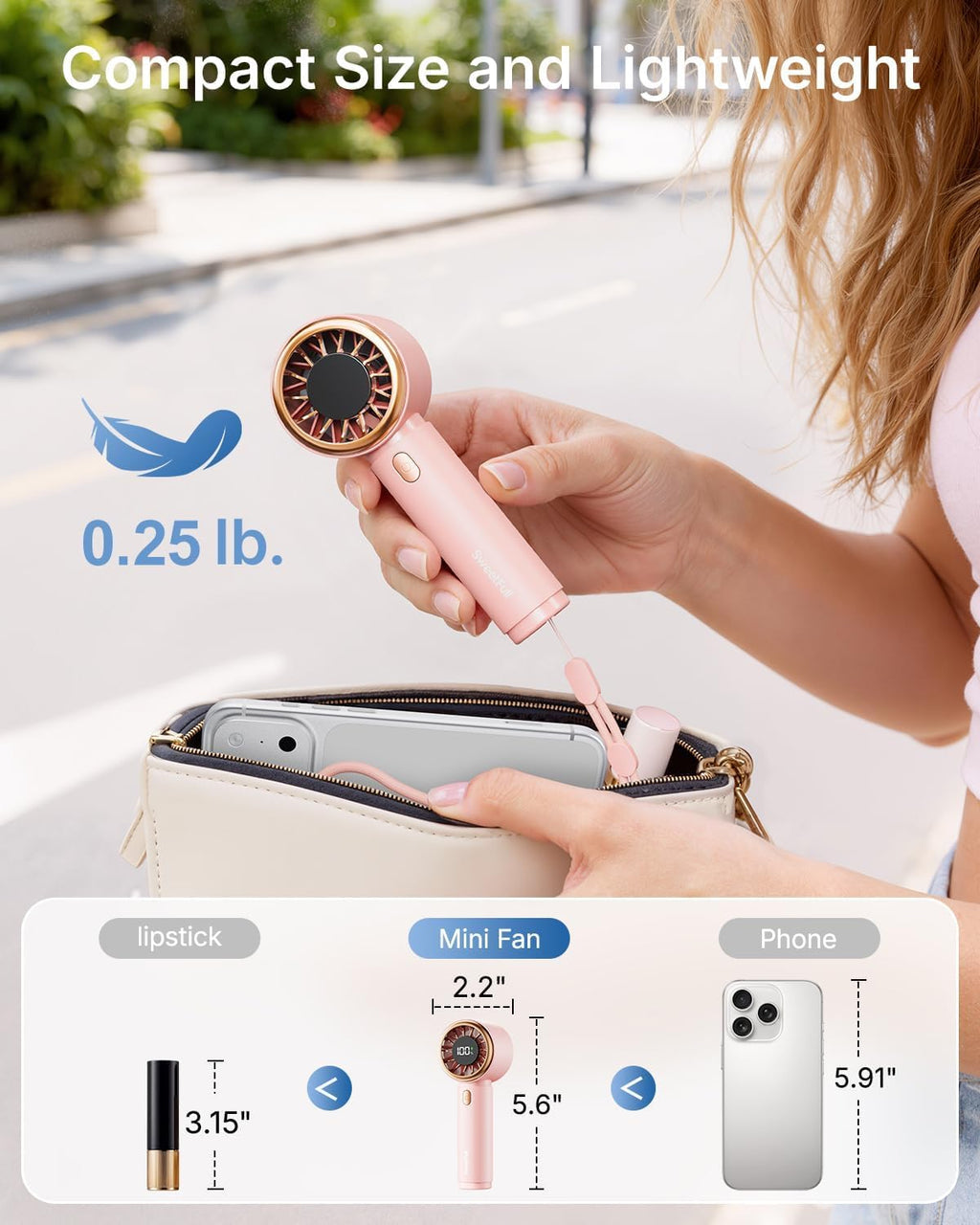 SWEETFULL Portable Handheld Fan, Mini Rechargeable Personal Hand Fan | Strong Airflow, Pocket-Sized, Up to 12H, 5 Speeds, Quiet Cooling Travel Essentials, Cute Gifts for Women, Girls, Lash, Makeup