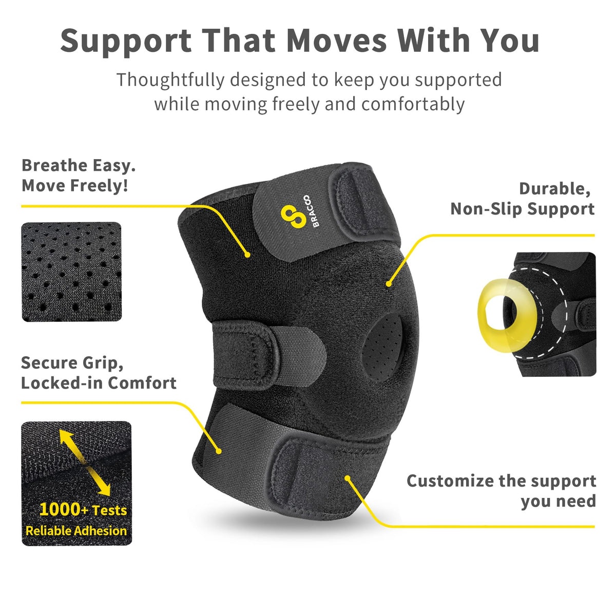 Bracoo Knee Support Brace for Men Women, Adjustable Compression Sleeve Wrap Patellar Pad Tendon - Arthritis Pain, meniscus tear, Injury Recovery, Running, Workout, KS10