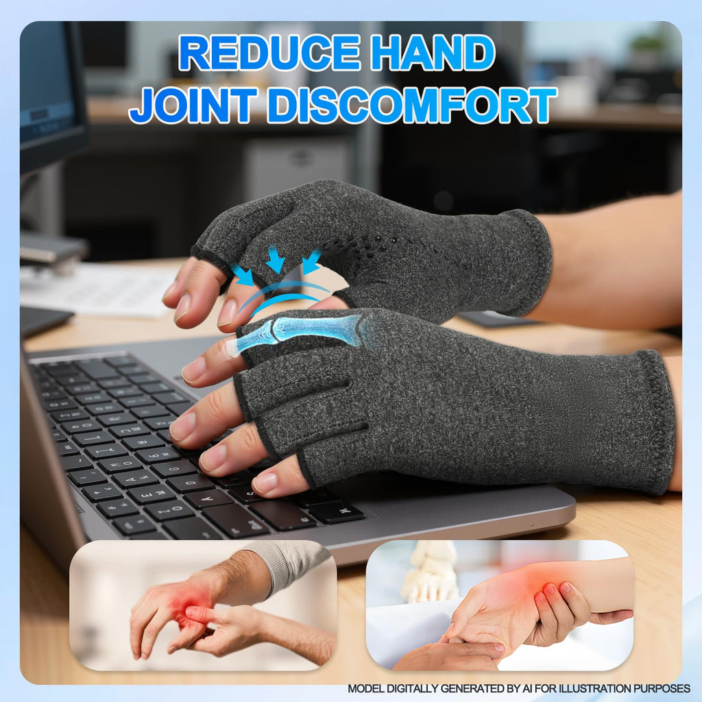 DRNAIETY 2-Pair Arthritis Compression Gloves for Hand Arthritis, Fingerless | for Carpal Tunnel Pain, RSI, Rheumatoid Arthritis | Anti-Slip, Breathable Gloves for Men & Women, Typing, Daily Use (M, Gray)