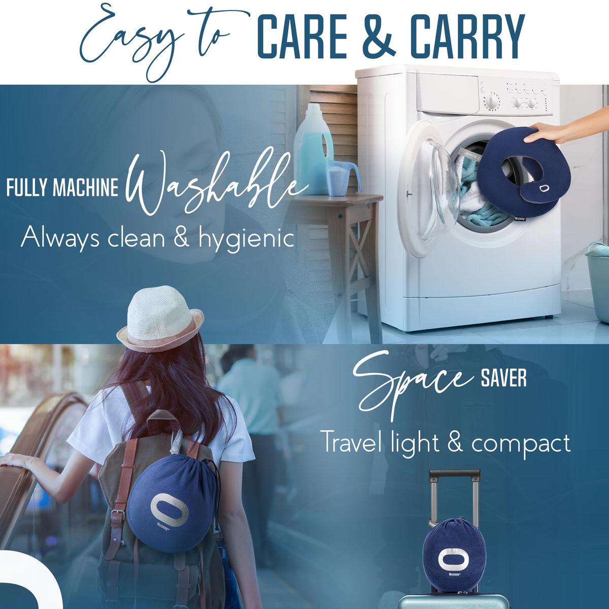 BCOZZY Travel Neck Pillow for Airplane, Head & Chin Support, Large Navy | Rest comfortably on flights and road trips. Arrive refreshed. Soft, adjustable, washable and lightweight, with a carry bag.